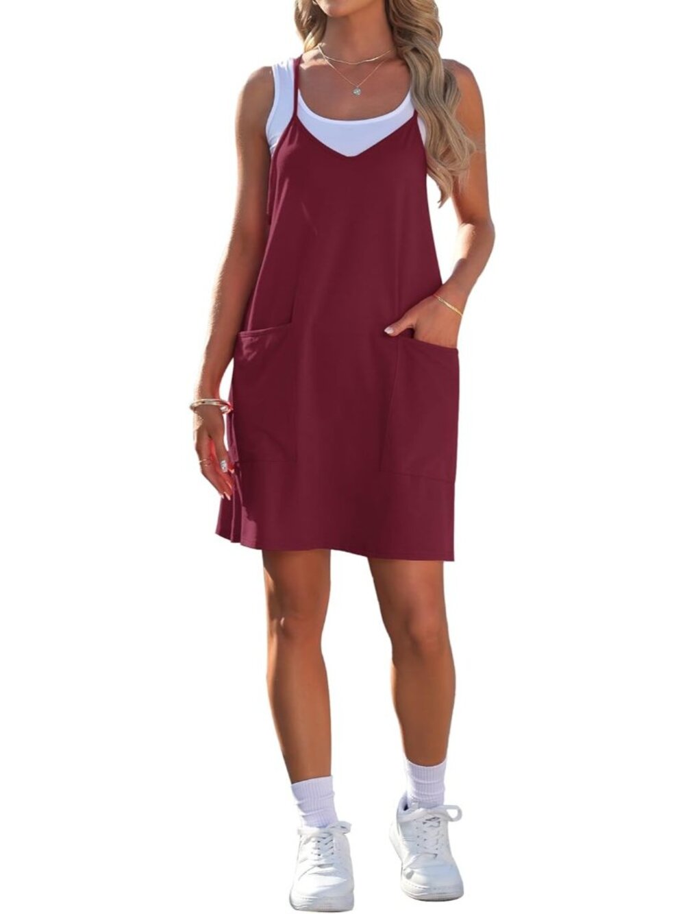 Women's Burgundy Dresses Sleeveless Casual Dress Spaghetti Strap Beach Dress
